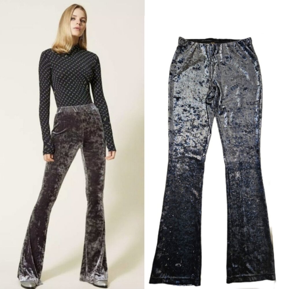 MAJE Galop Velvet Flare Pants Sz M Stretch Metallic Navy Bootcut